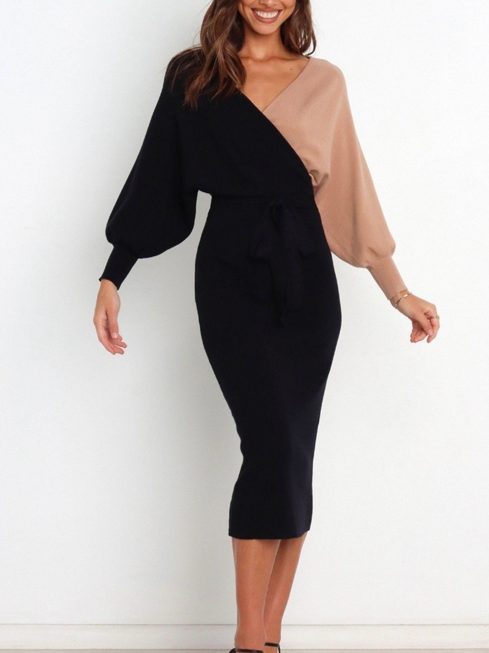 Petal & Pup Two-Tone Wrap Midi Dress - Black & Tan